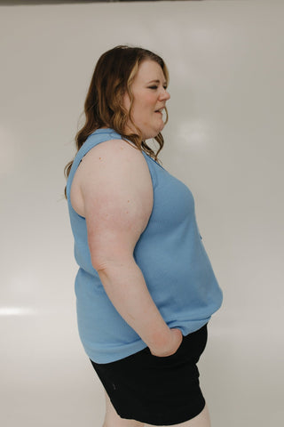 WAFFLE TEXTURE WIDE STRAP TANK WITH BUTTONS IN MYSTIC HARBOR - Love Marlow