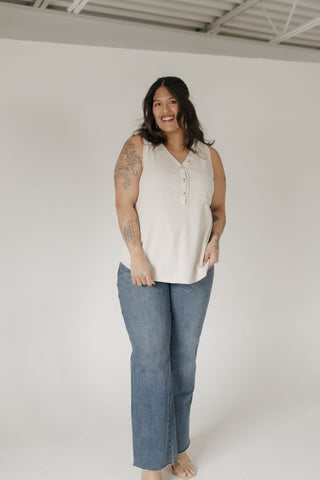 Waffle Texture Wide Strap Tank with Buttons in Sand - Love Marlow