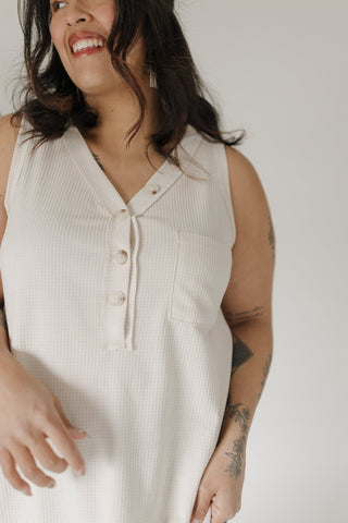 Waffle Texture Wide Strap Tank with Buttons in Sand - Love Marlow