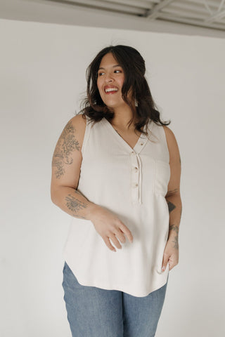 Waffle Texture Wide Strap Tank with Buttons in Sand - Love Marlow
