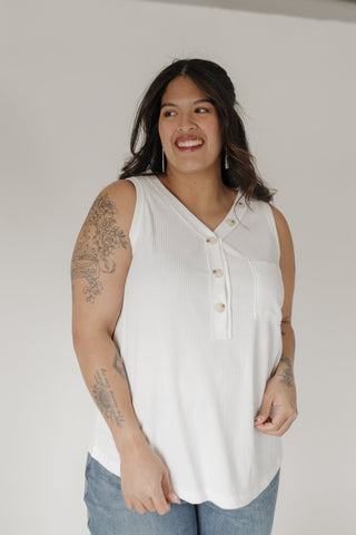 Waffle Texture Wide Strap Tank with Buttons in Sunkissed Ecru - Love Marlow