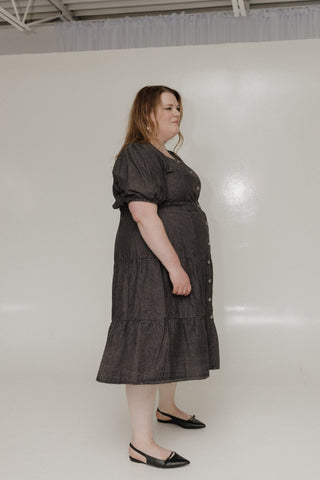 WASHED BLACK PUFF SLEEVE BUTTON FRONT DENIM DRESS - Love Marlow