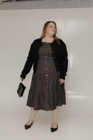 WASHED BLACK PUFF SLEEVE BUTTON FRONT DENIM DRESS - Love Marlow