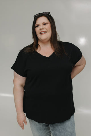 WIDE RIBBED V - NECK BOYFRIEND TEE IN BLACK - Love Marlow