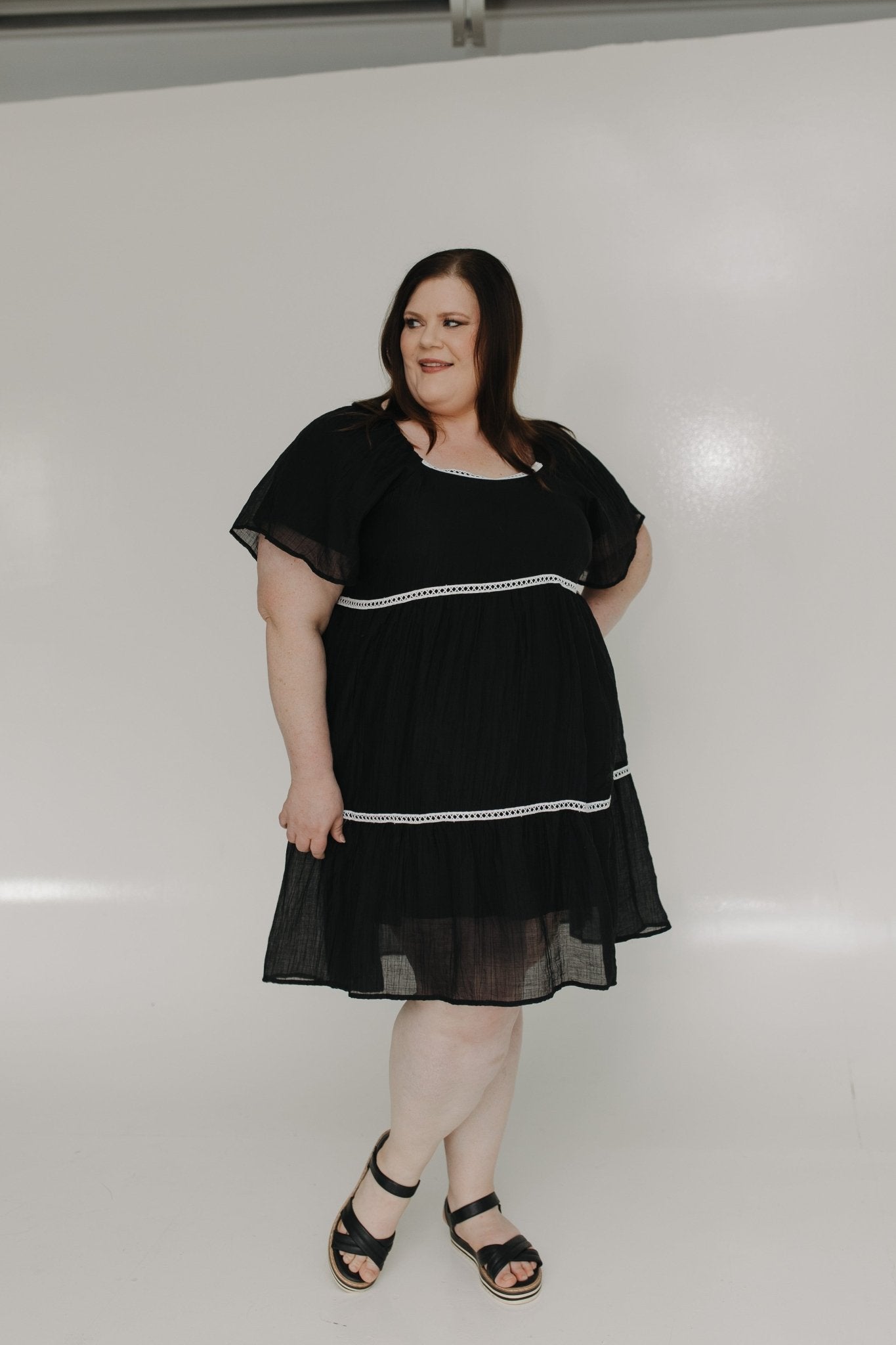 WIDE STRIPE TRAPEZE DRESS 2x / Black