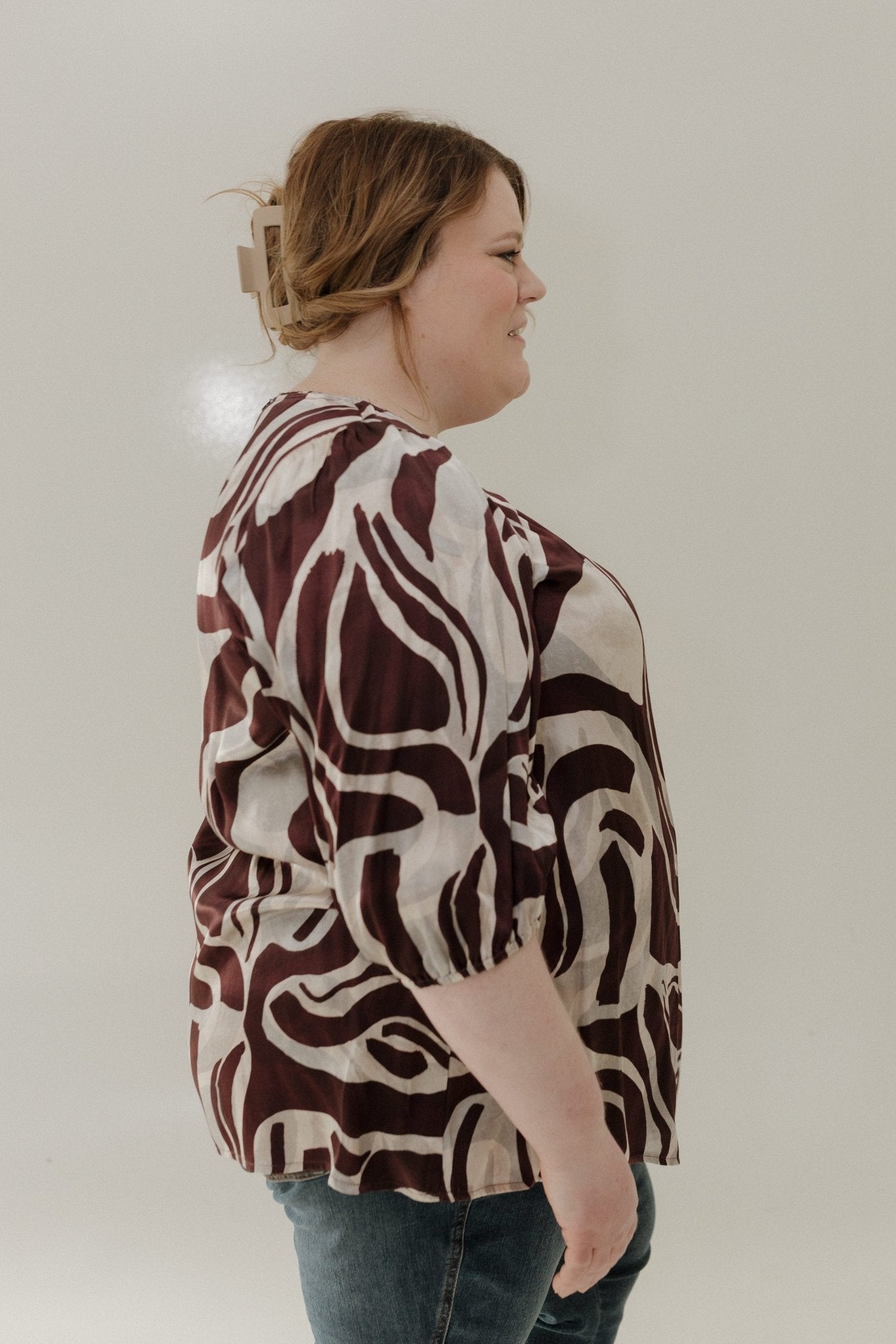 Wine & Cream Balloon Sleeve Blouse - Love Marlow