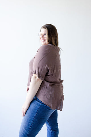 WOVEN COLLAR SHIRT WITH BUTTON DETAIL IN MOCHA - Love Marlow