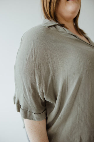 WOVEN COLLAR SHIRT WITH BUTTON DETAIL IN SAGE - Love Marlow
