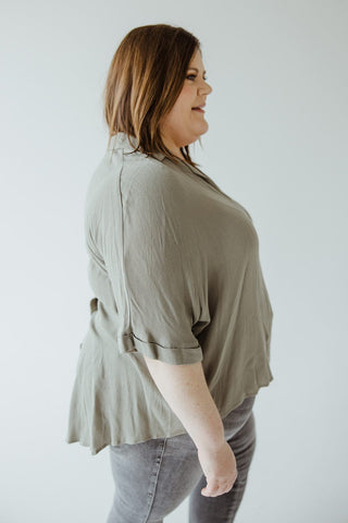 WOVEN COLLAR SHIRT WITH BUTTON DETAIL IN SAGE - Love Marlow