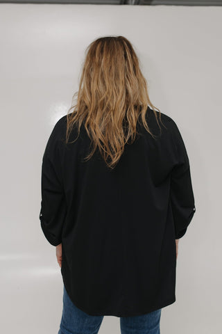 WRINKLE FREE V - NECK 3/4 SLEEVE BLOUSE IN BLACK - Love Marlow