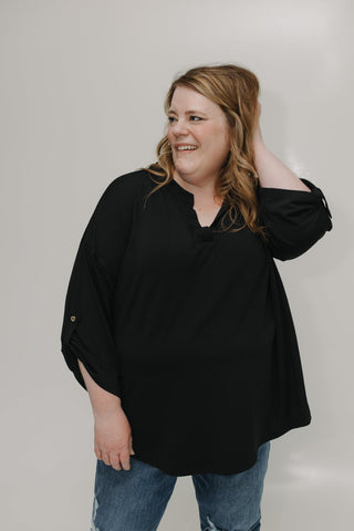 WRINKLE FREE V - NECK 3/4 SLEEVE BLOUSE IN BLACK - Love Marlow