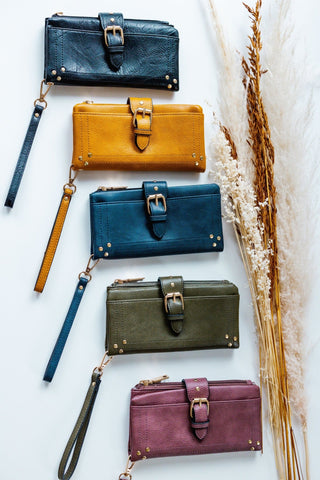 WRISTLET WALLET WITH BUCKLE DETAIL IN MUSTARD - Love Marlow