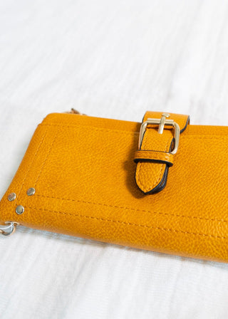 WRISTLET WALLET WITH BUCKLE DETAIL IN MUSTARD - Love Marlow