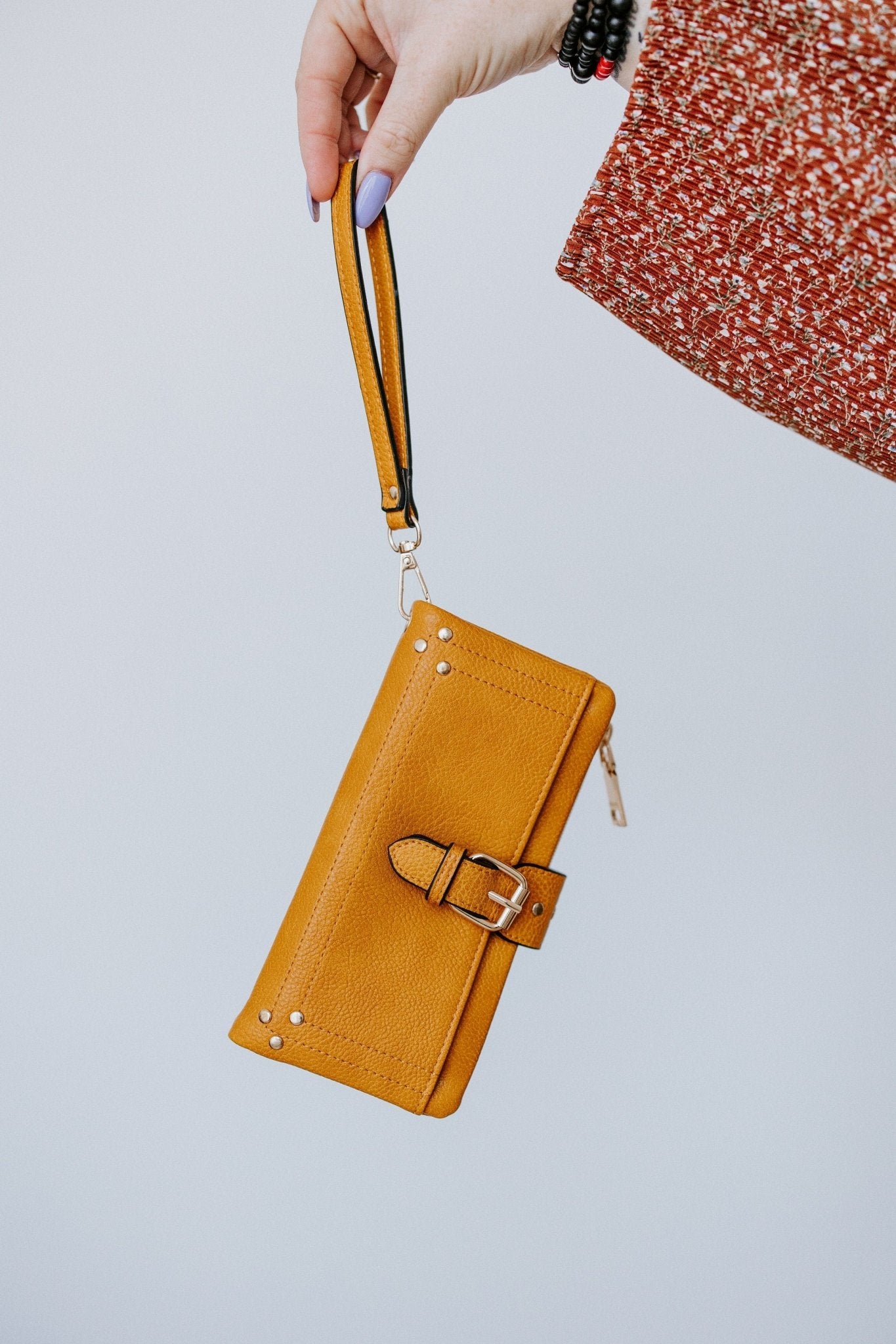 WRISTLET WALLET WITH BUCKLE DETAIL IN MUSTARD - Love Marlow