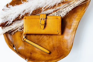 WRISTLET WALLET WITH BUCKLE DETAIL IN MUSTARD - Love Marlow