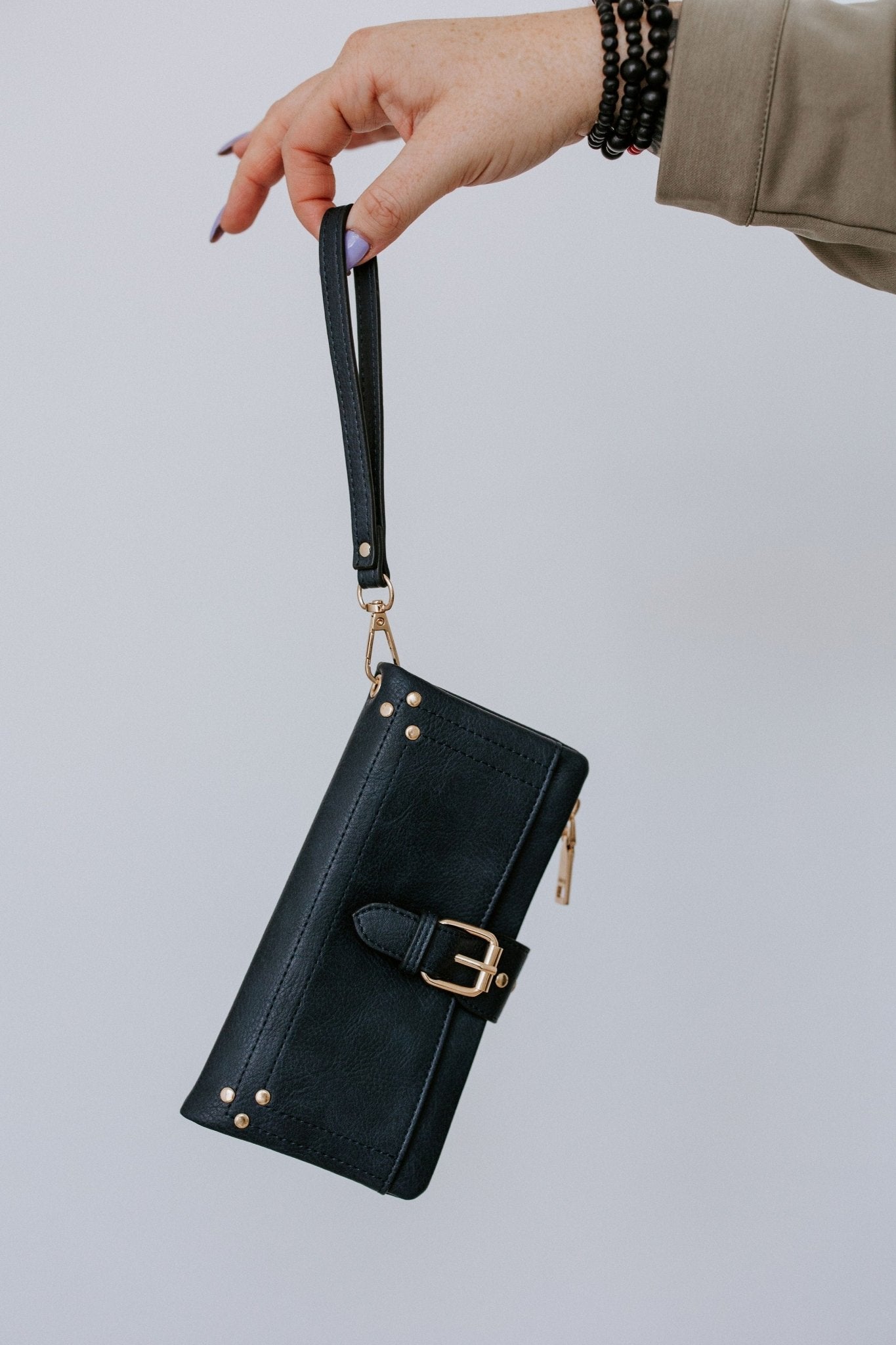 WRISTLET WALLET WITH BUCKLE DETAIL IN NAVY - Love Marlow