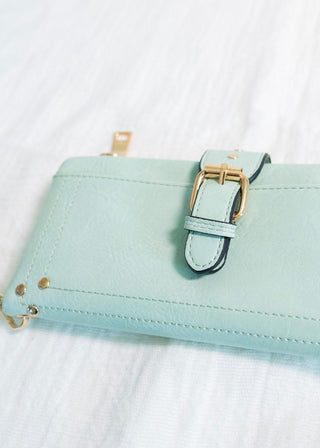 WRISTLET WALLET WITH BUCKLE DETAIL IN SEA GLASS - Love Marlow