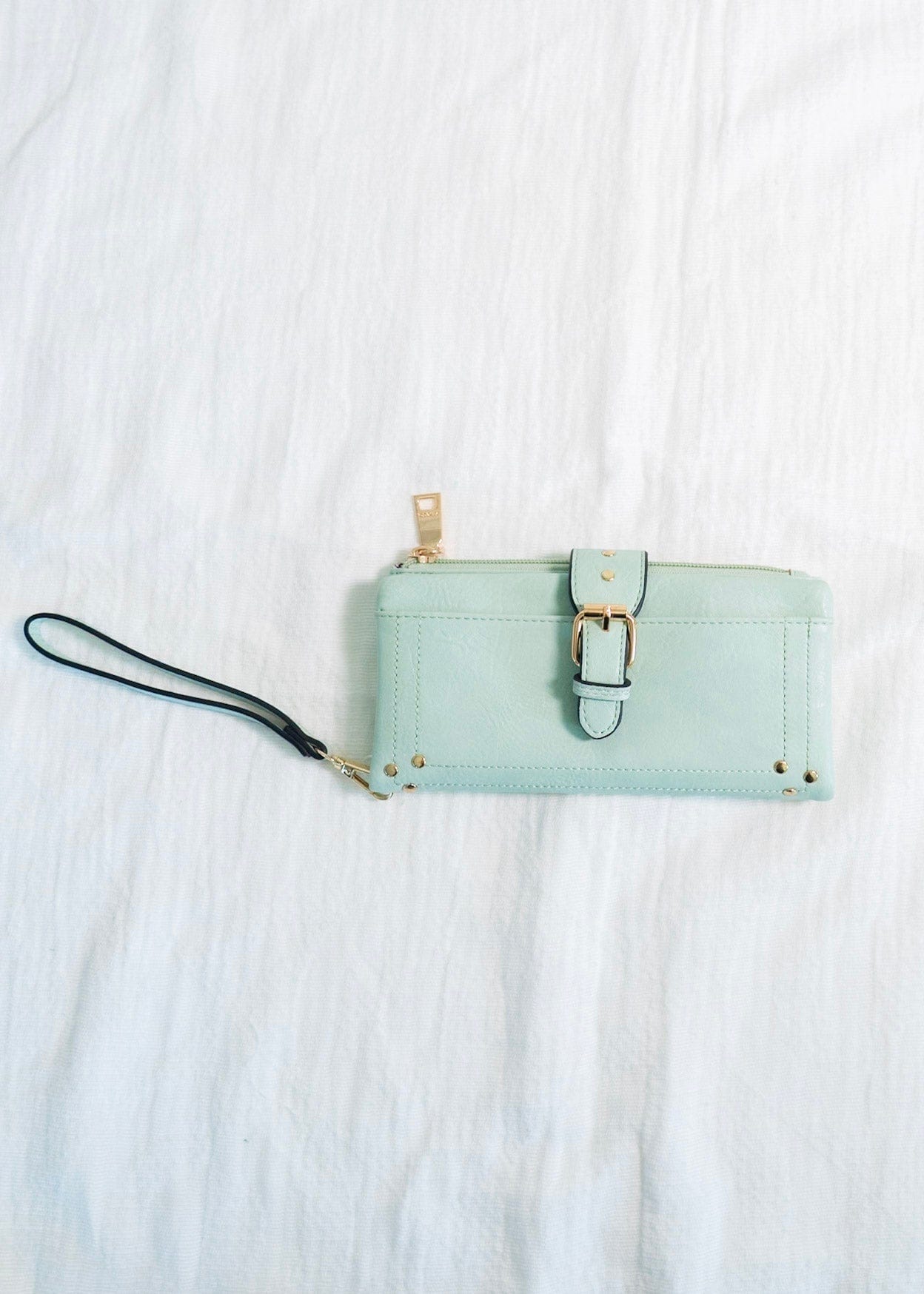 WRISTLET WALLET WITH BUCKLE DETAIL IN SEA GLASS - Love Marlow