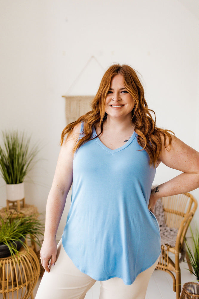 
            
                Load image into Gallery viewer, BASIC V-NECK TUNIC TANK IN POWDER BLUE
            
        