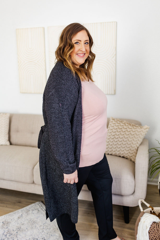 BELTED OPEN KNIT CARDIGAN WITH POCKETS