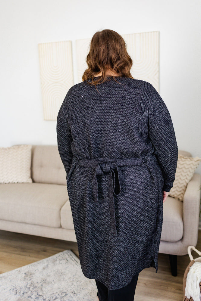 BELTED OPEN KNIT CARDIGAN WITH POCKETS