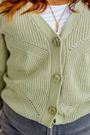 
            
                Load image into Gallery viewer, BUTTON FRONT CABLE KNIT CARDIGAN IN SOFT LIME
            
        