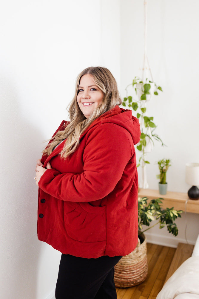 
            
                Load image into Gallery viewer, BUTTON FRONT HOODED JACKET WITH BACK DETAIL IN DARK RED
            
        