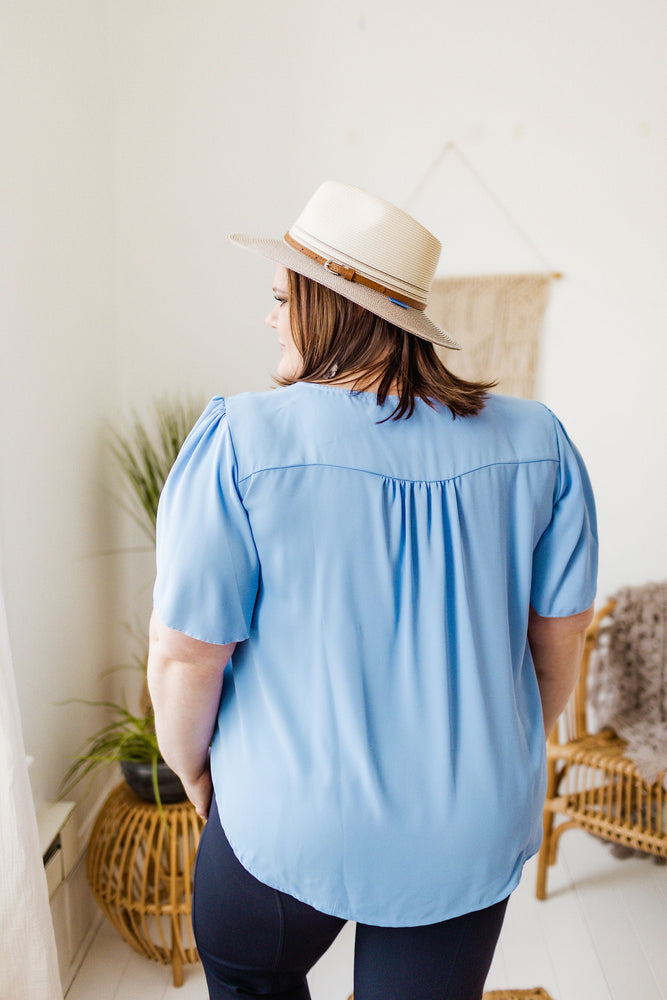 
            
                Load image into Gallery viewer, CHIFFON BLOUSE WITH FLUTTER SLEEVE IN SPRING BLUE
            
        