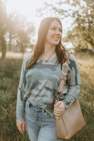 CLASSIC CAMO V-NECK SWEATER WITH RAW EDGE