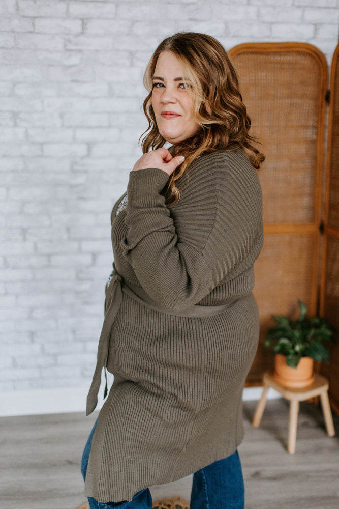 DUSTER CARDIGAN WITH VERTICAL RIBBING IN SOFT ARMY