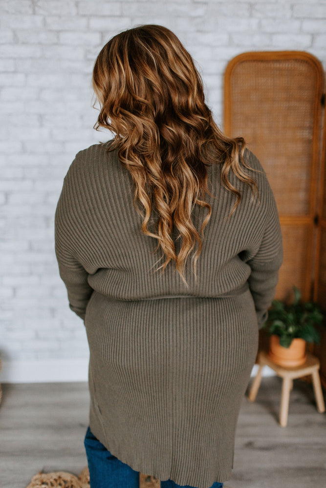 DUSTER CARDIGAN WITH VERTICAL RIBBING IN SOFT ARMY
