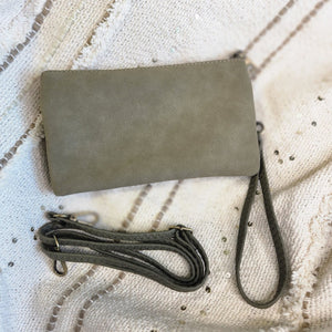 
            
                Load image into Gallery viewer, FAUX SUEDE CLUTCH IN OLIVE
            
        