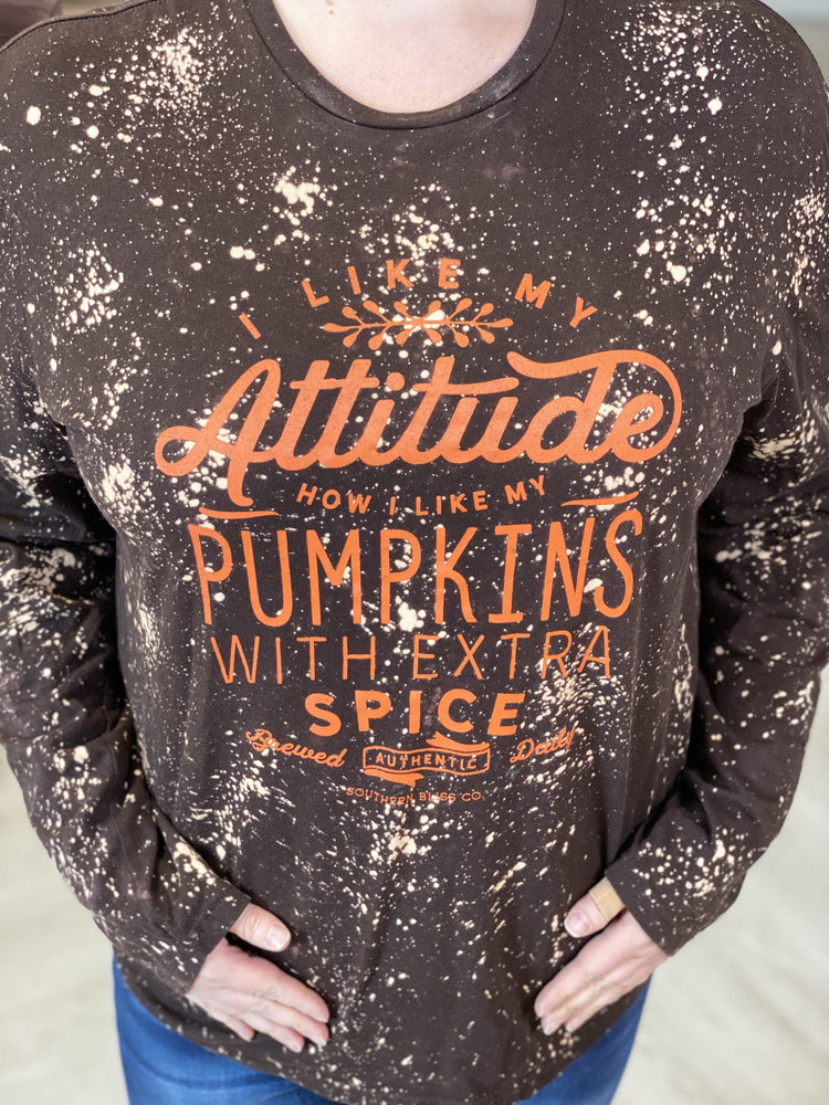 Close up of plus size long-sleeved graphic tee saying, "I like my attitude how I like my pumpkins with extra spice."