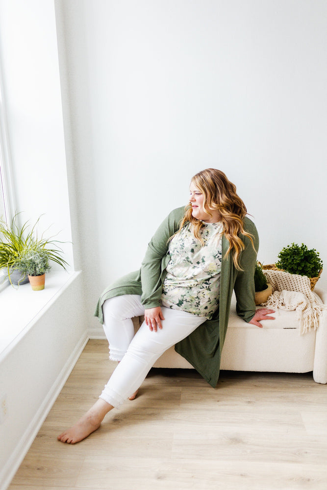 LONG SLEEVE CARDIGAN WITH BACK RUCHING IN FERN