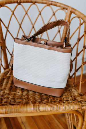 MEDIUM WOVEN SATCHEL IN IVORY AND GREIGE