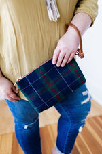 NAVY AND GREEN PLAID CLUTCH