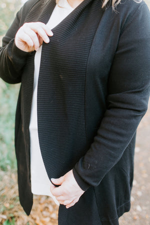 
            
                Load image into Gallery viewer, ROLLED COLLAR CARDIGAN IN BLACK
            
        