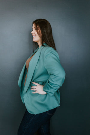RUCHED SLEEVE BLAZER IN DUSTY SAGE