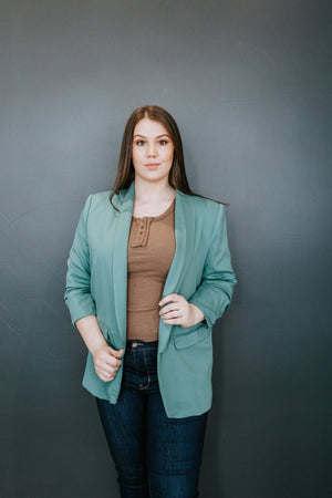 
            
                Load image into Gallery viewer, RUCHED SLEEVE BLAZER IN DUSTY SAGE
            
        