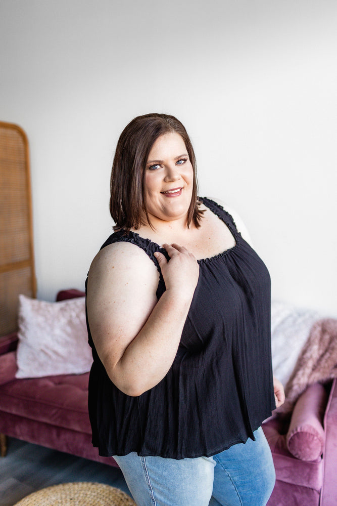 RUFFLE NECKLINE CREPE TANK IN BLACK