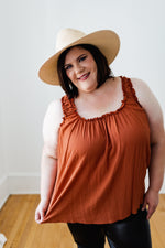 RUFFLE NECKLINE CREPE TANK IN RUST