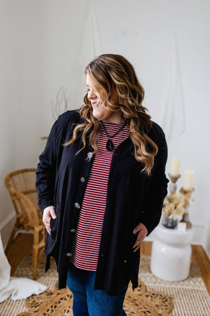 3/4 SLEEVE BUTTON-DOWN KNIT TUNIC IN BLACK