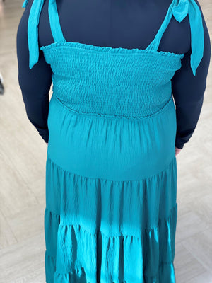 
            
                Load image into Gallery viewer, SMOCKED BODICE TIERED DRESS IN DARK TEAL
            
        
