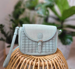 STRAW AND LASER-CUT LACE SATCHEL IN MINT