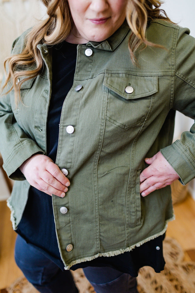 
            
                Load image into Gallery viewer, STRETCHY DENIM JACKET WITH FRAYED HEM IN OLIVE
            
        