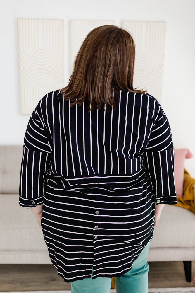 
            
                Load image into Gallery viewer, STRIPED BUTTON UP BLOUSE IN BLACK AND OFF-WHITE
            
        