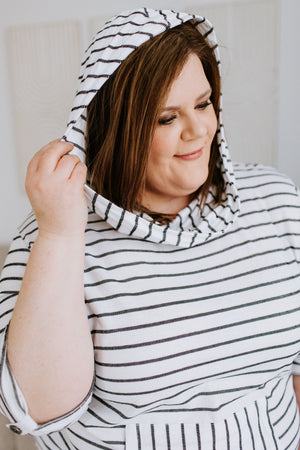 STRIPED COWL NECK HOODIE IN OFF-WHITE