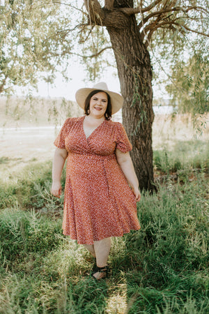 SUPER SOFT DAINTY FLORAL WRAP DRESS IN RUST
