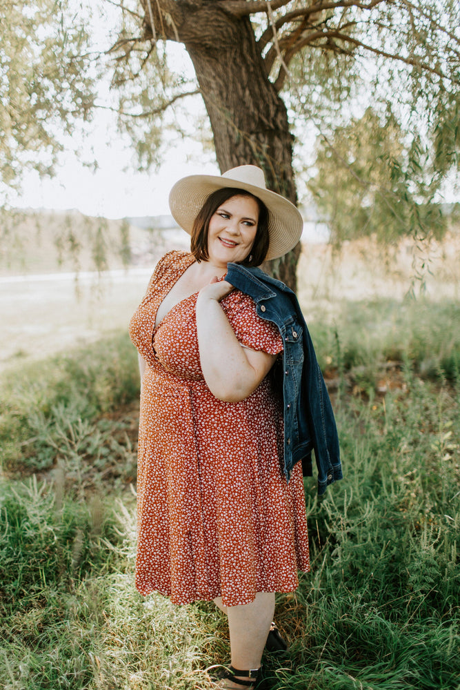 SUPER SOFT DAINTY FLORAL WRAP DRESS IN RUST