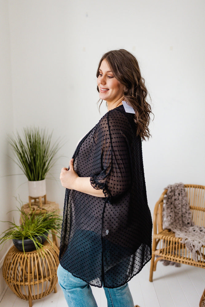 
            
                Load image into Gallery viewer, SWISS DOT KIMONO WITH RUFFLE SLEEVE IN BLACK
            
        